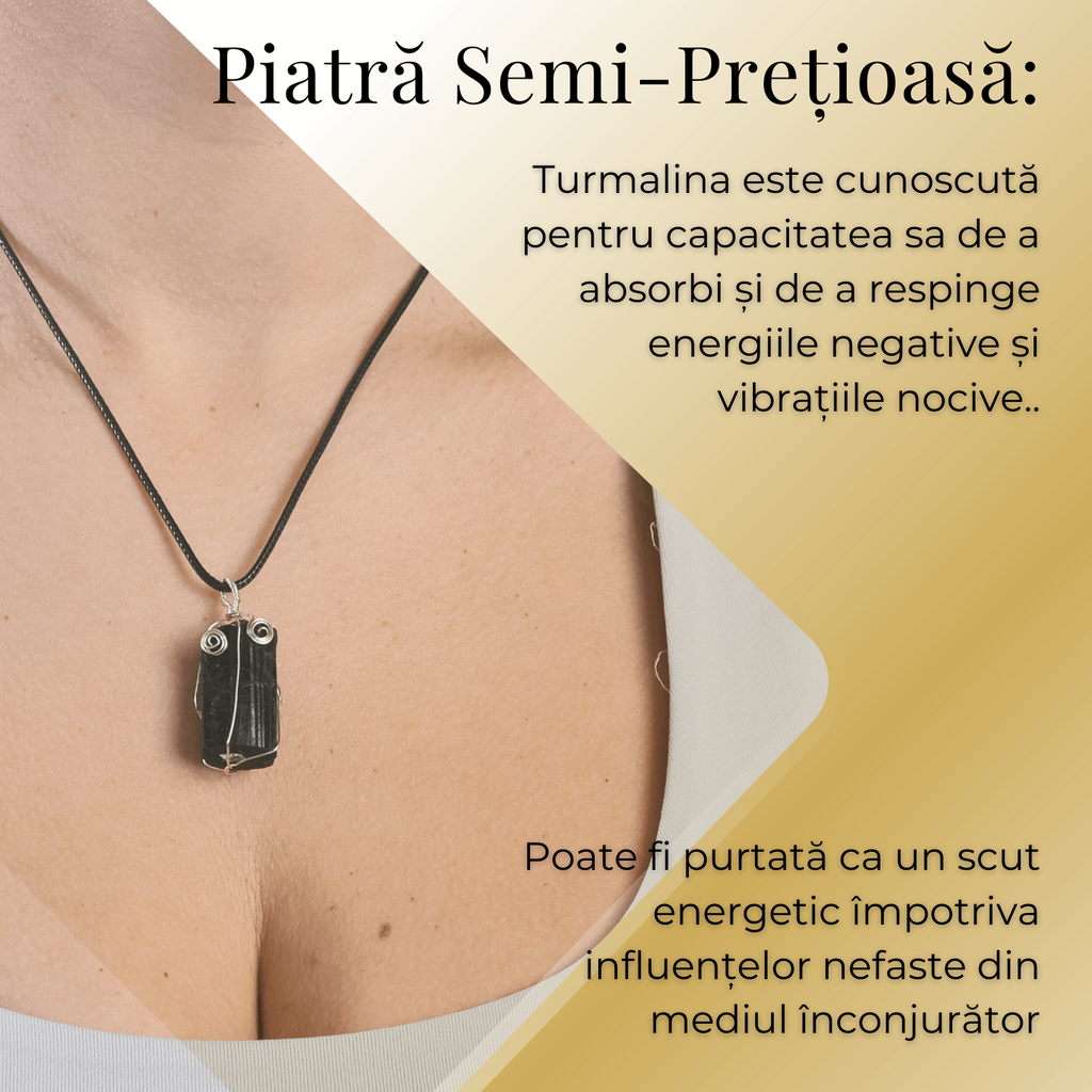 Colier Ajustabil cu Pandantiv din Turmalina Neagra Infasurata in Sarma, 25mm