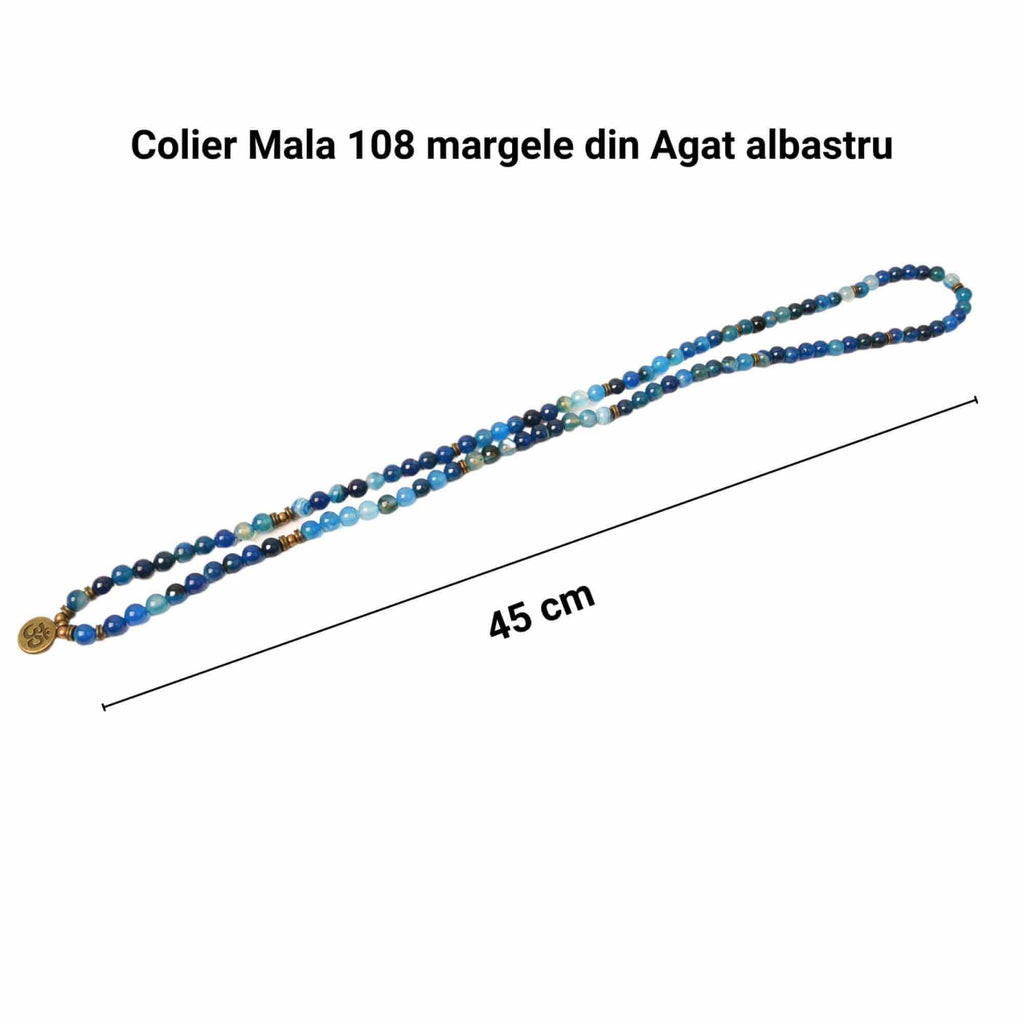 Dubla utilizare Bratara/Colier cu Simbolul Yoga si 108 de Margele Mala 8mm din Agat Albastru Accesoriu Spiritual pentru Meditatie si Bijuterie pentru Femei si Barbati