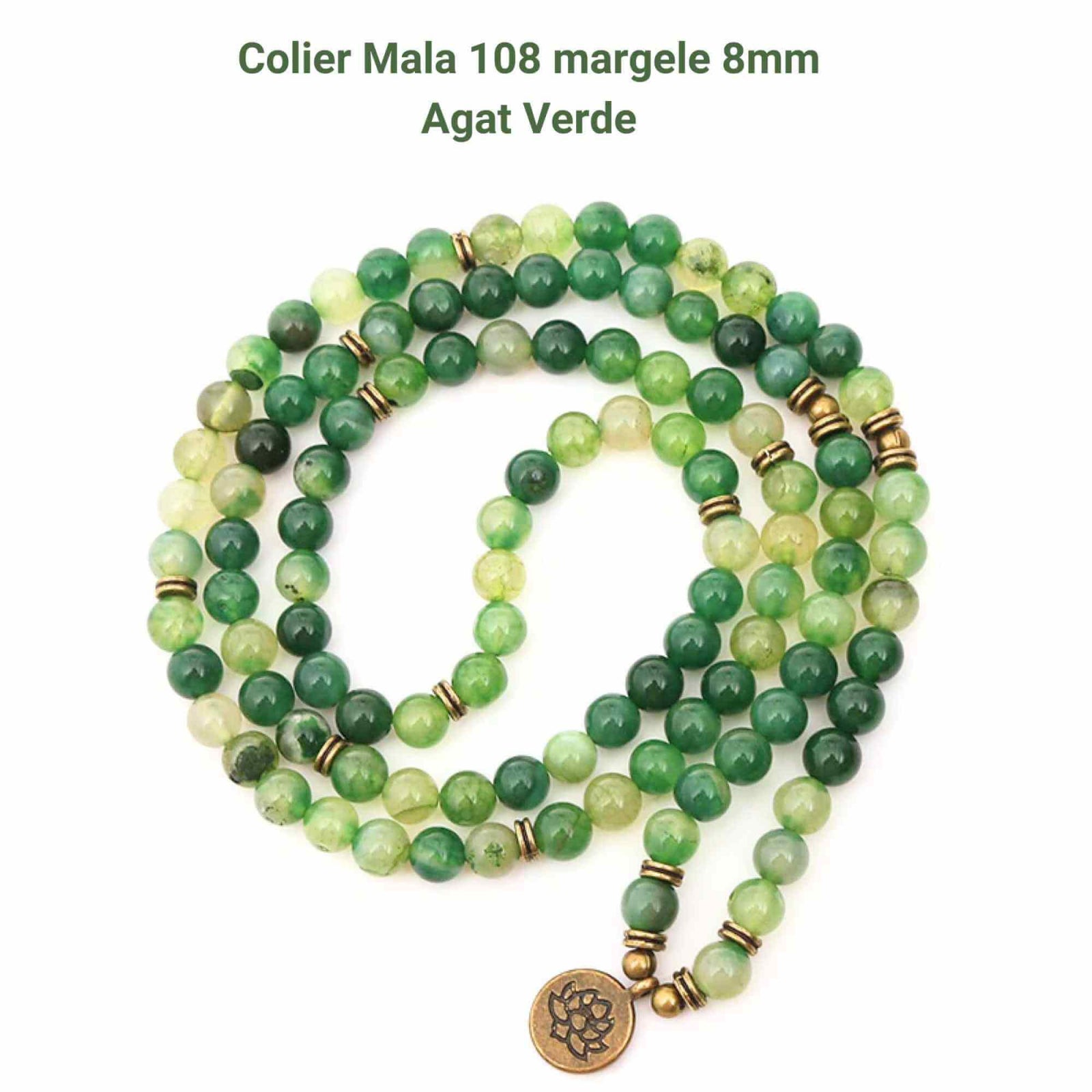Dubla utilizare Bratara/Colier Mala din Agat Verde cu 108 Margele de 8mm Ajustabila si Elastica, cu Simbolul Lotus si Viata pentru Yoga