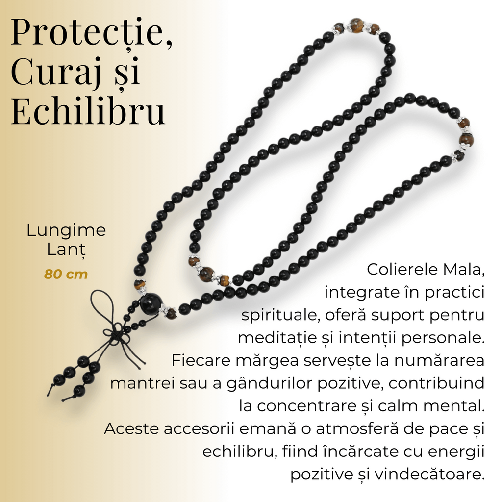 Colier Mala cu 108 Pietre din Obsidian și Ochi de Tigru