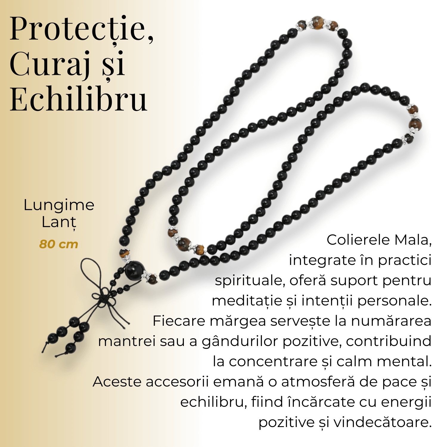 Colier Mala cu 108 Pietre din Obsidian și Ochi de Tigru