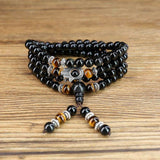 Dubla utilizare Bratara/Colier 108 Mala din Obsidian si Ochi de Tigru cu Mana Fatimei sau Hamsa