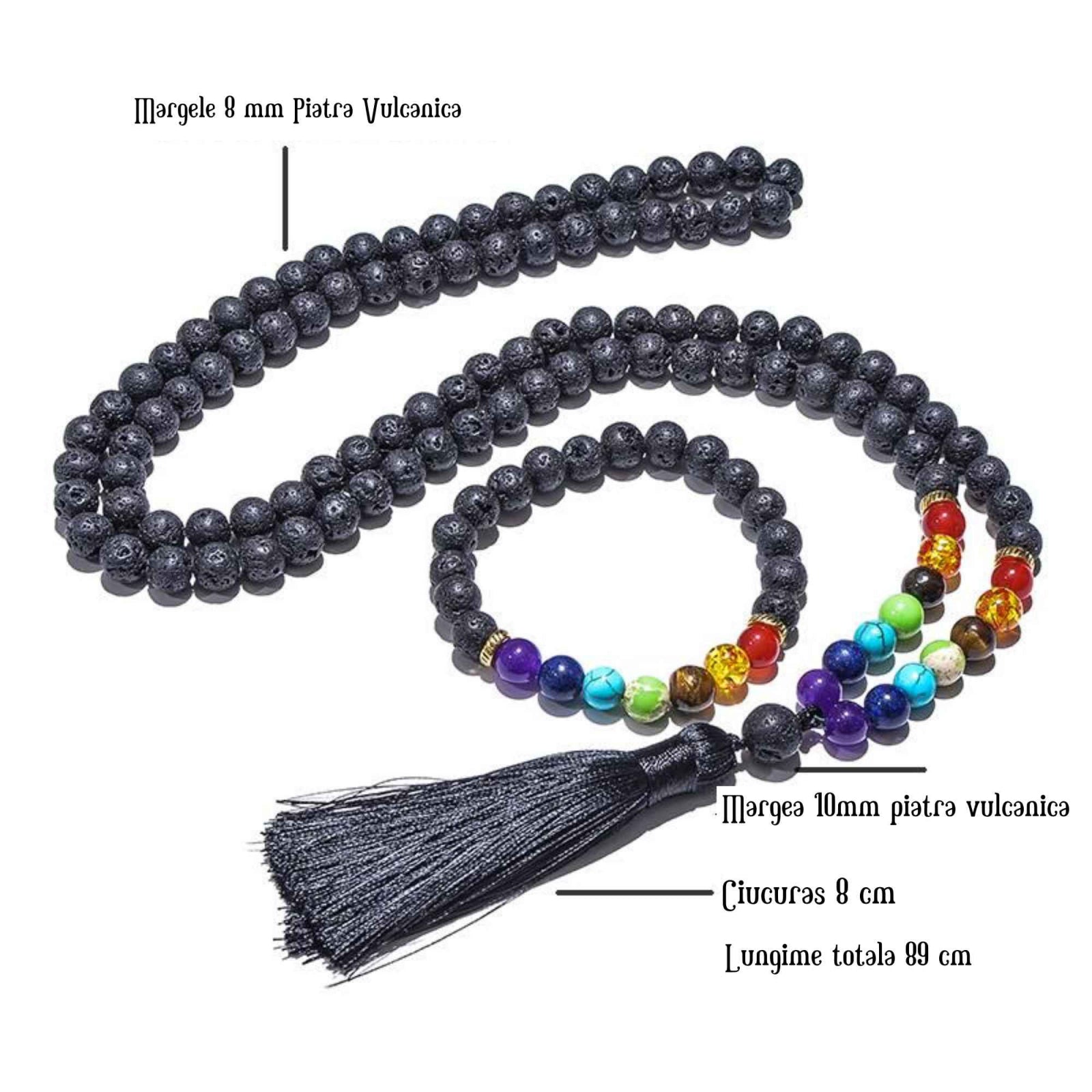 Colier Mala Rozariu cu Margele 8mm din Piatra de Lava Neagra Vulcanica si 7 pietre pentru cele 7 chakre