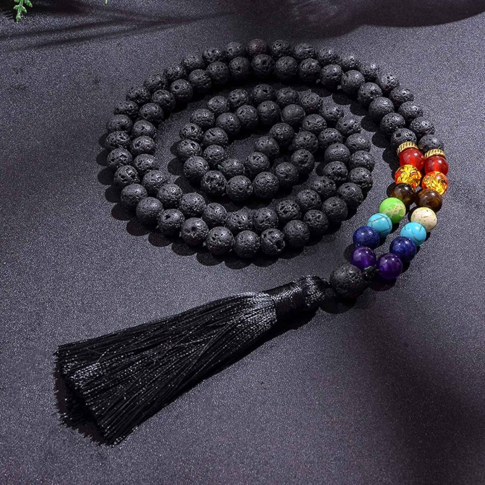 Colier Mala Rozariu cu Margele 8mm din Piatra de Lava Neagra Vulcanica si 7 pietre pentru cele 7 chakre