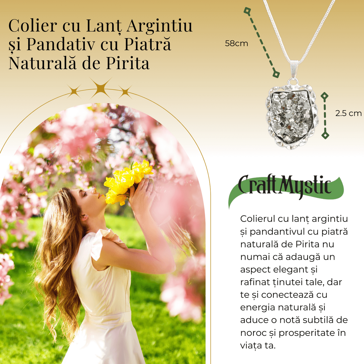 Colier Elegant cu Piatra Naturala de Pirita - Protector al Bunastarii si Prosperitatii