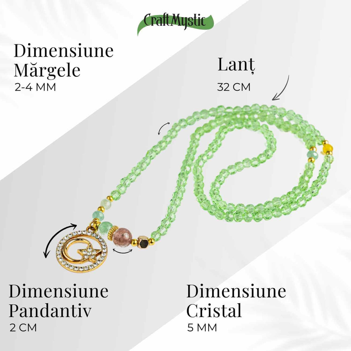 Colier Mistic cu Peridot, Cristal Capsuna si Simboluri Ceresti
