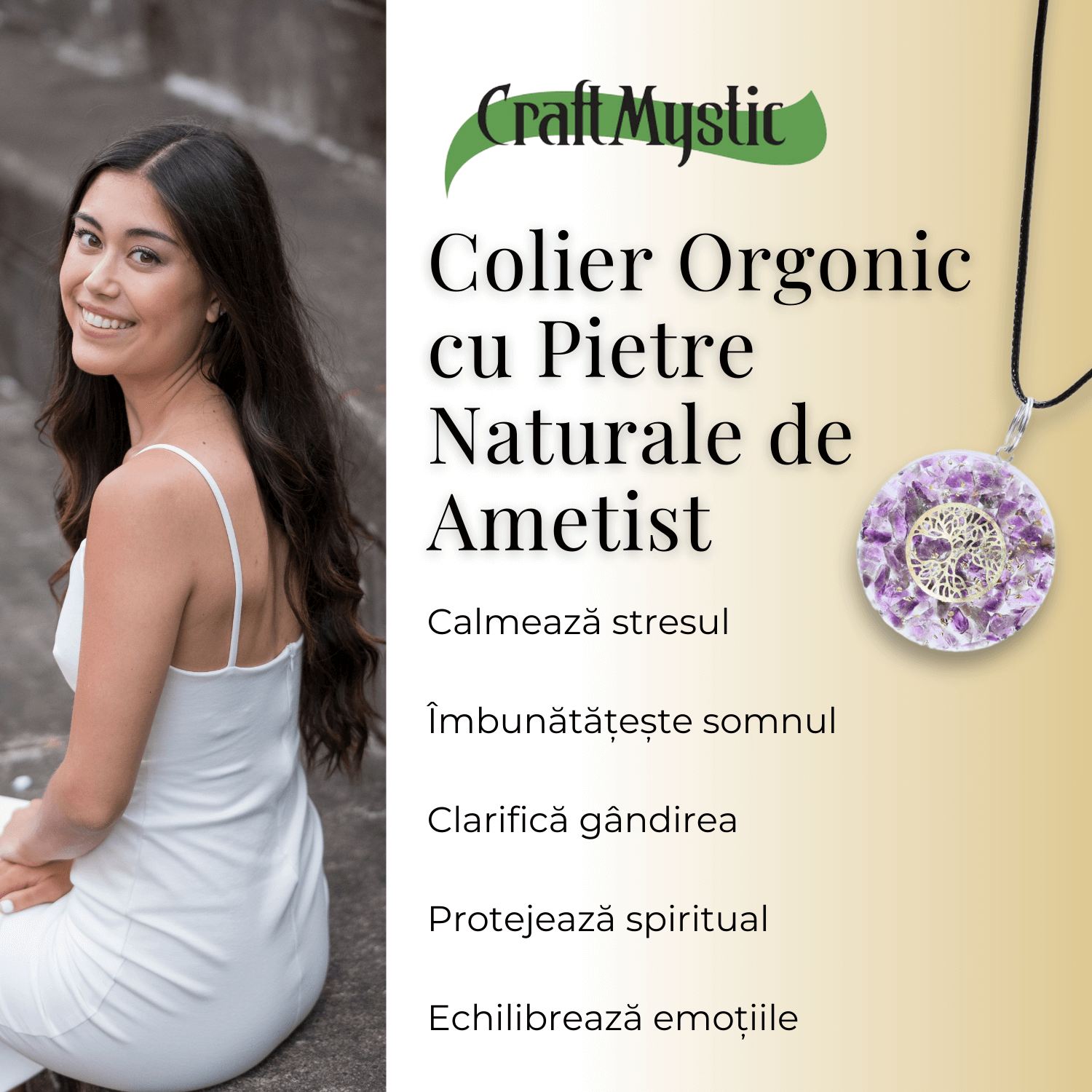 Colier Orgonic Reglabil cu Pietre de Ametist si Simbolul Arborele Vietii