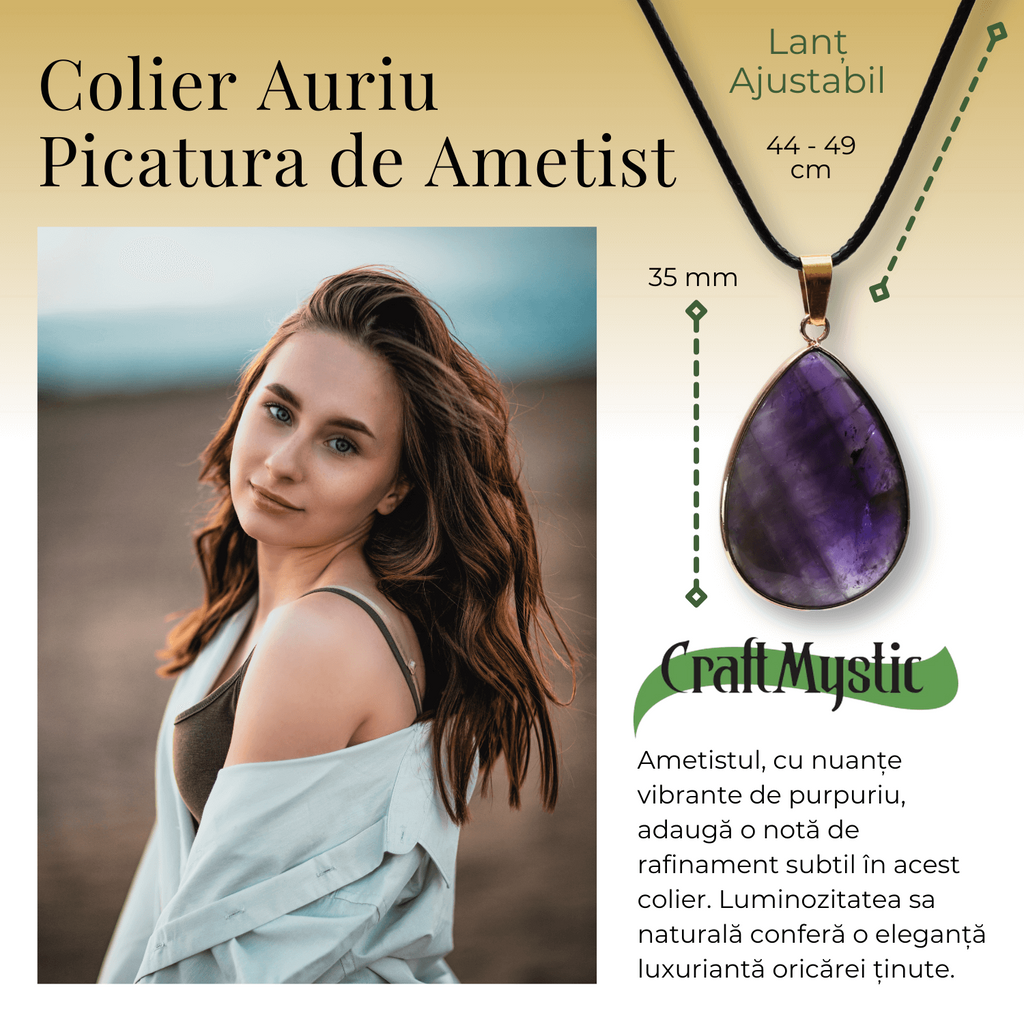 Colier Reglabil cu Pandantiv Auriu 35mm in Forma de Strop de Ploaie din Ametist