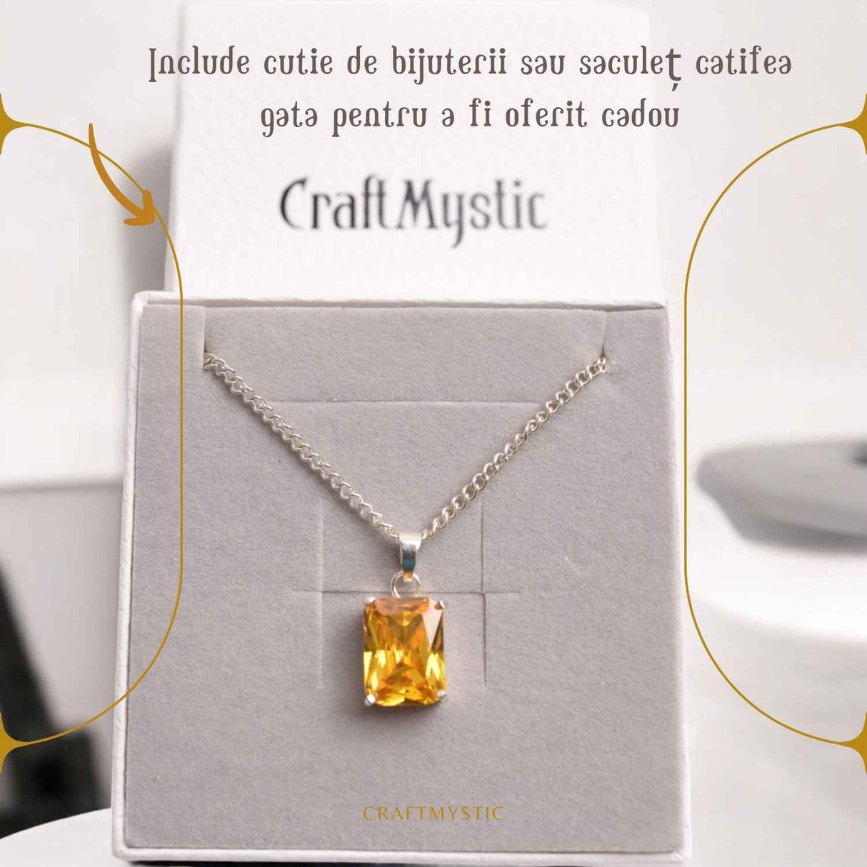 Colier cu Pandantiv Argintiu 15mm in Forma Dreptunghiulara cu Citrin Natural Fatetat - Energie si Prosperitate