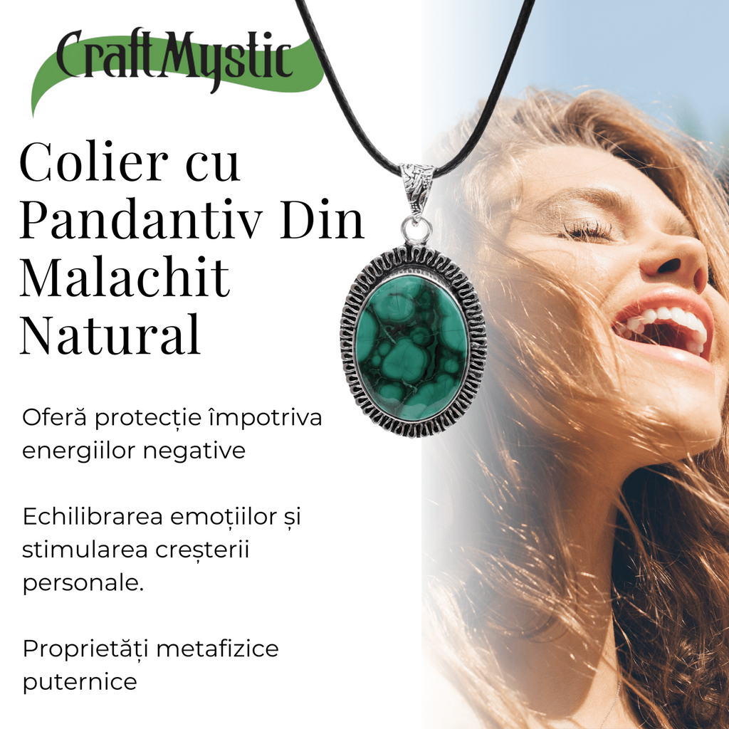 Colier Reglabil cu Pandantiv Argintiu 35mm in Forma Ovala din Malachit Natural