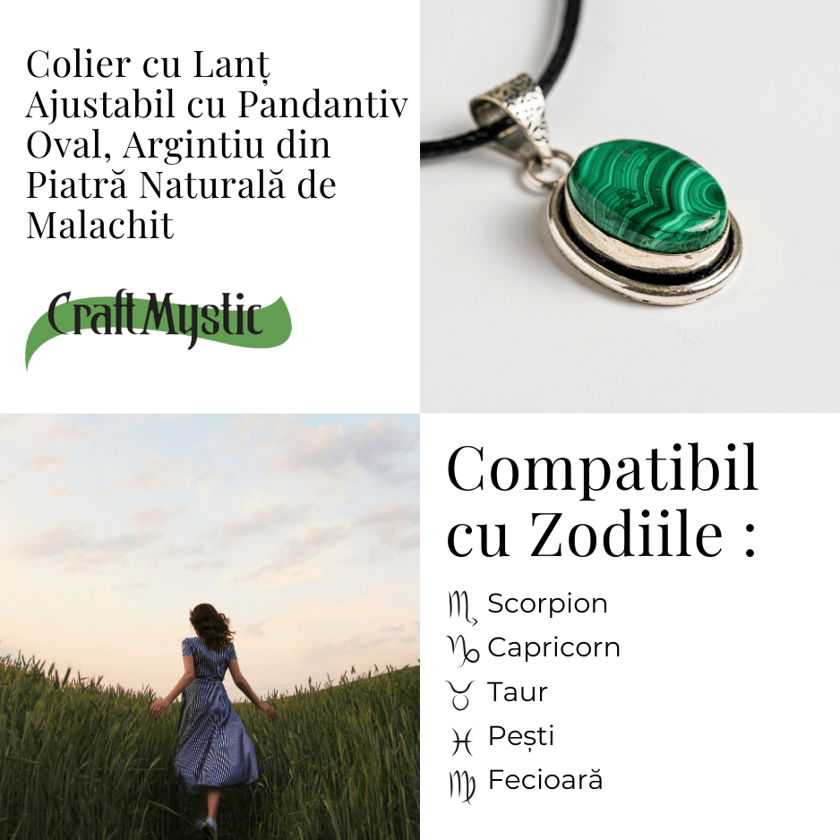 Colier ajustabil cu pandantiv oval din Malachit Natural – Protectie si Echilibru Energetic