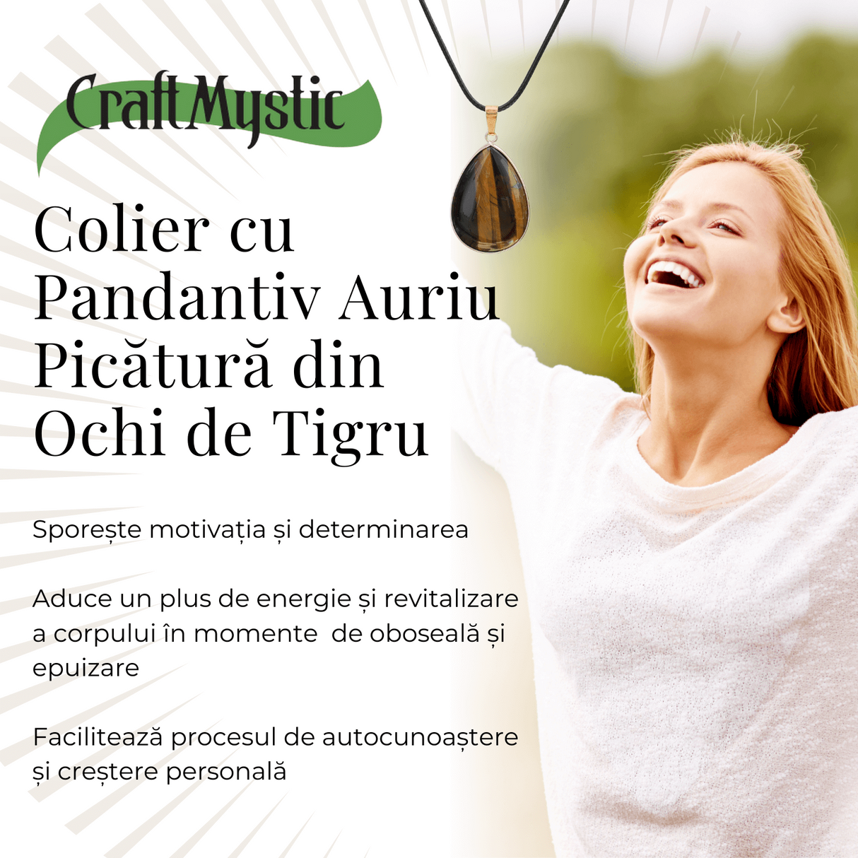 Colier Reglabil cu Pandantiv Auriu in Forma de Strop de Ploaie din Ochi de Tigru, 35mm