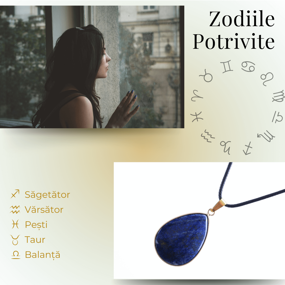 Colier ajustabil cu pandantiv strop de ploaie auriu Lapis Lazuli - Claritate si Intelepciune