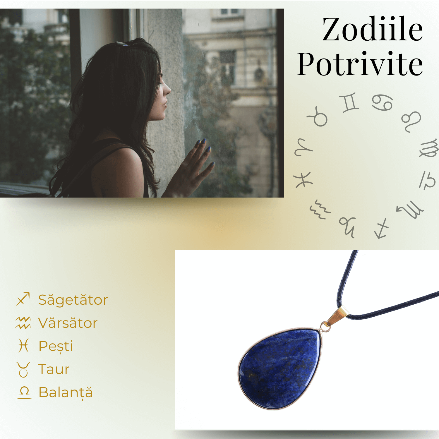 Colier ajustabil cu pandantiv strop de ploaie auriu Lapis Lazuli
