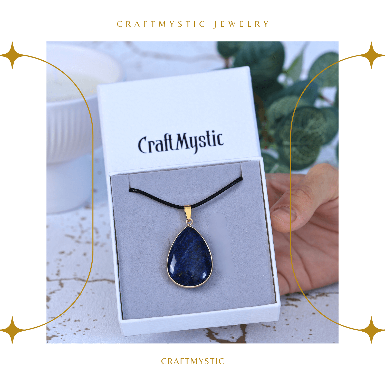 Colier ajustabil cu pandantiv strop de ploaie auriu Lapis Lazuli