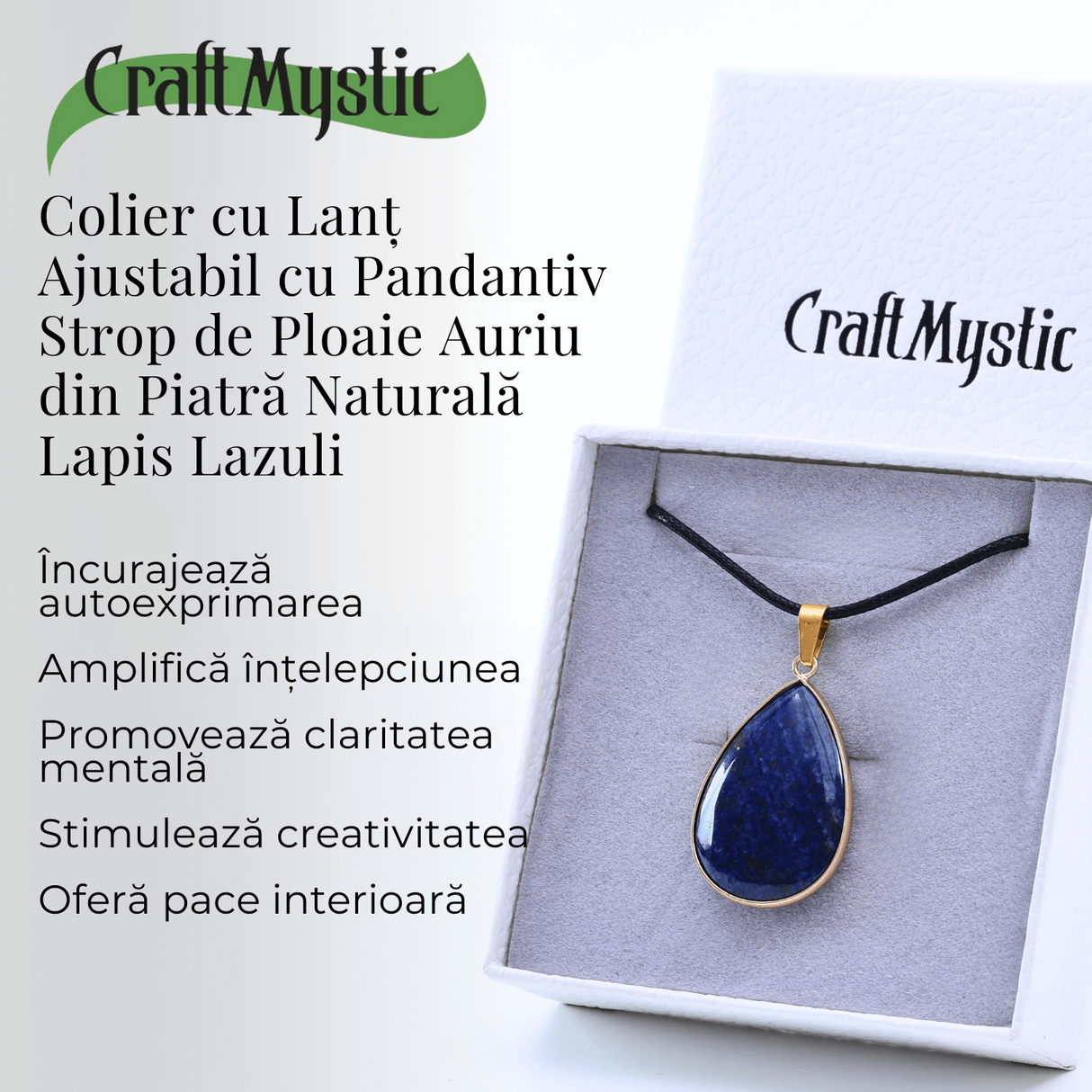Colier ajustabil cu pandantiv strop de ploaie auriu Lapis Lazuli - Claritate si Intelepciune
