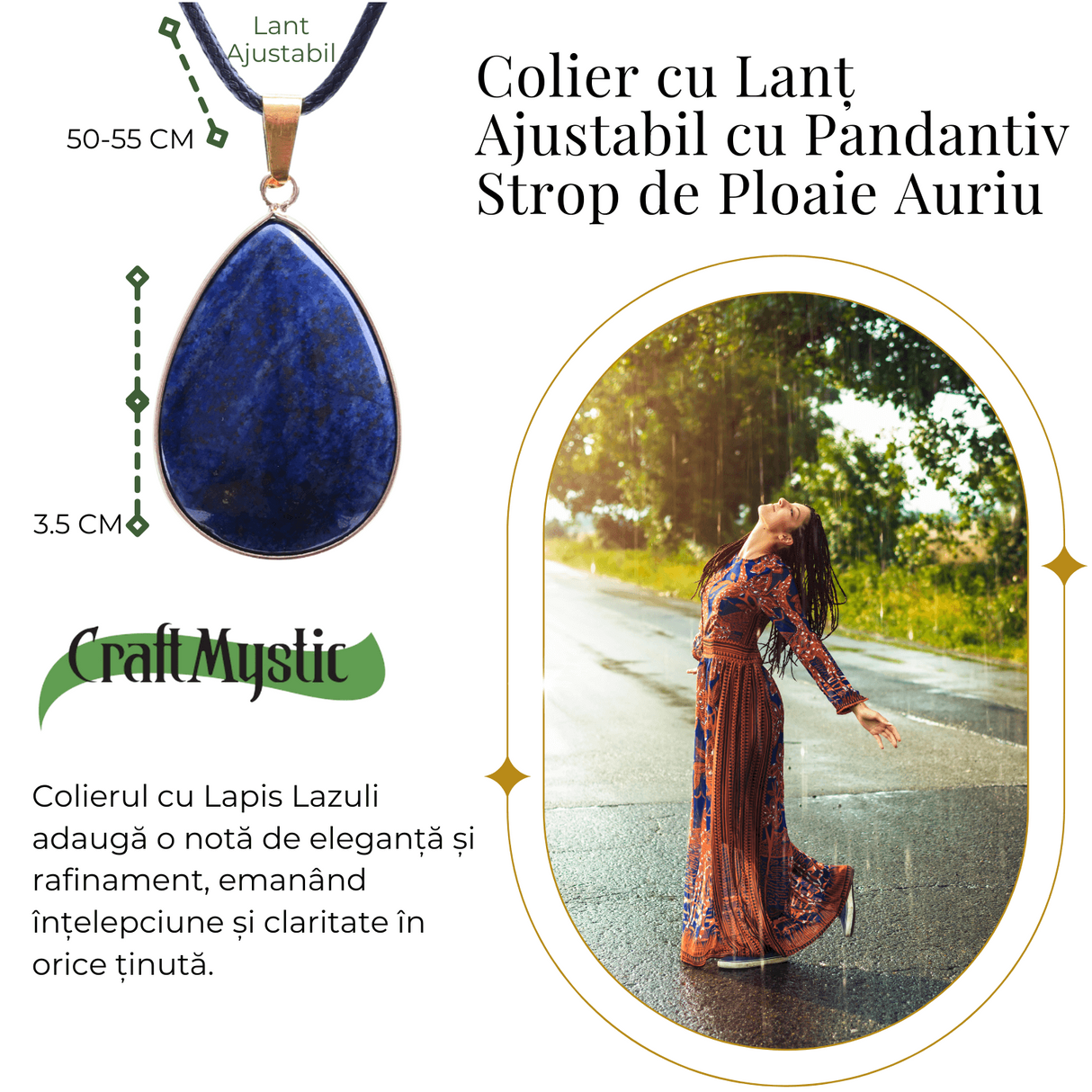 Colier ajustabil cu pandantiv strop de ploaie auriu Lapis Lazuli - Claritate si Intelepciune