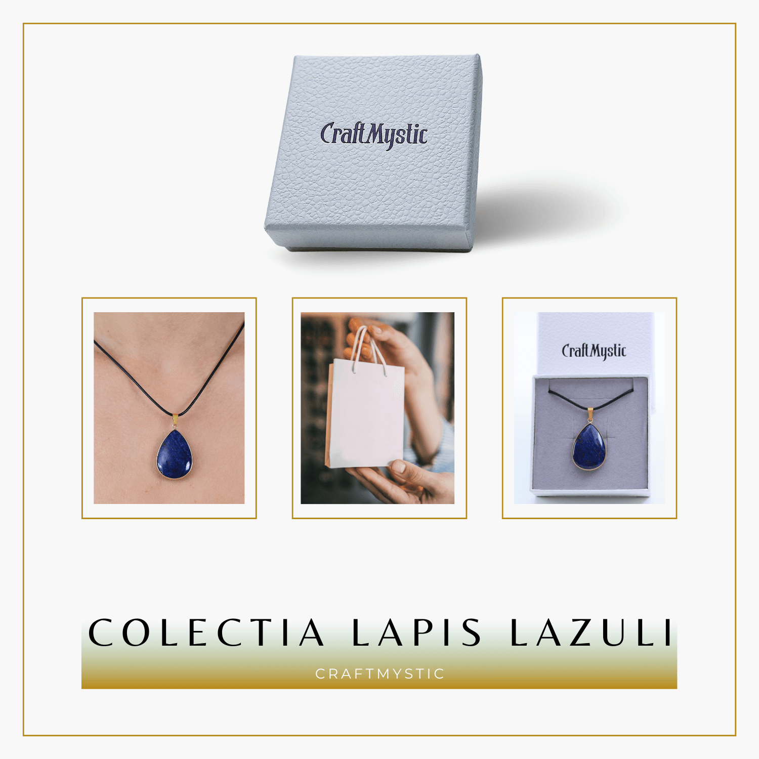 Colier ajustabil cu pandantiv strop de ploaie auriu Lapis Lazuli