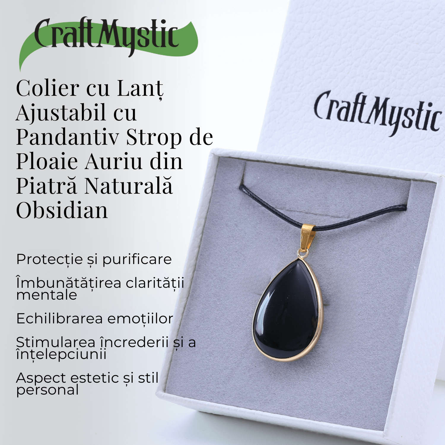 Colier ajustabil cu pandantiv strop de ploaie auriu Obsidian
