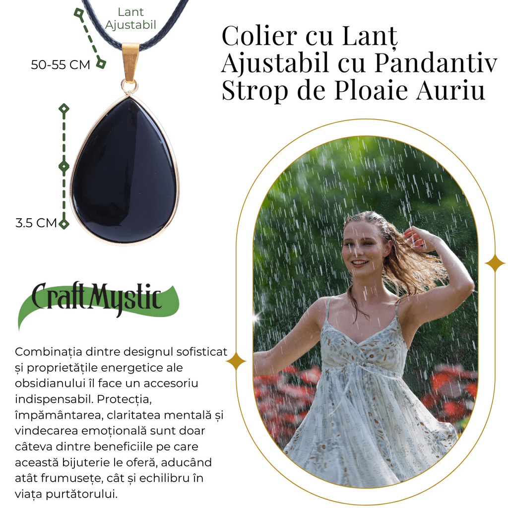 Colier ajustabil cu pandantiv strop de ploaie auriu Obsidian