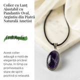 Colier ajustabil cu pandantiv oval din Ametist Natural – Claritate Mentala si Echilibru Spiritual