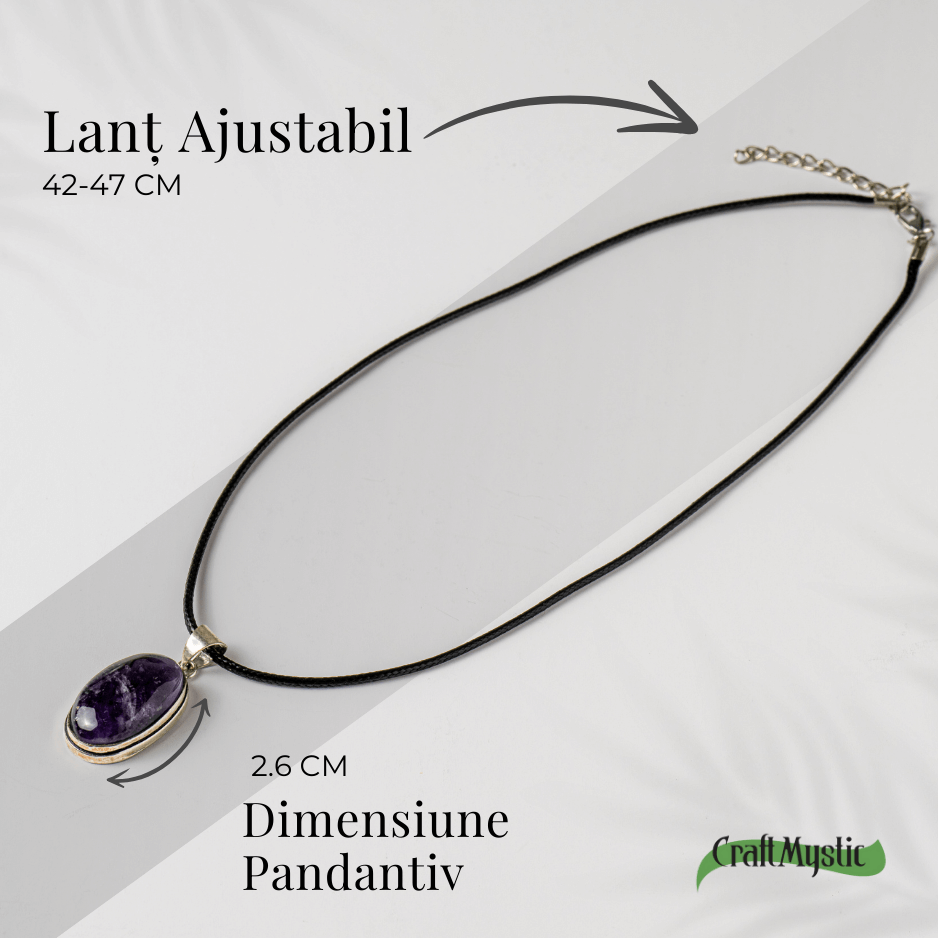 Colier ajustabil cu pandantiv oval din Ametist Natural – Claritate Mentala si Echilibru Spiritual