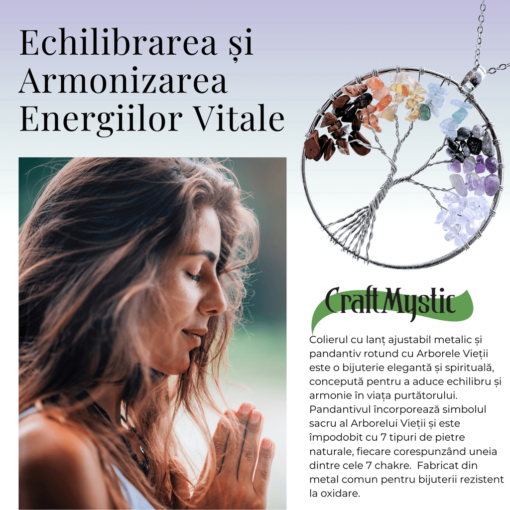 Colier rotund ajustabil cu arborele vietii si pietre pentru chakre