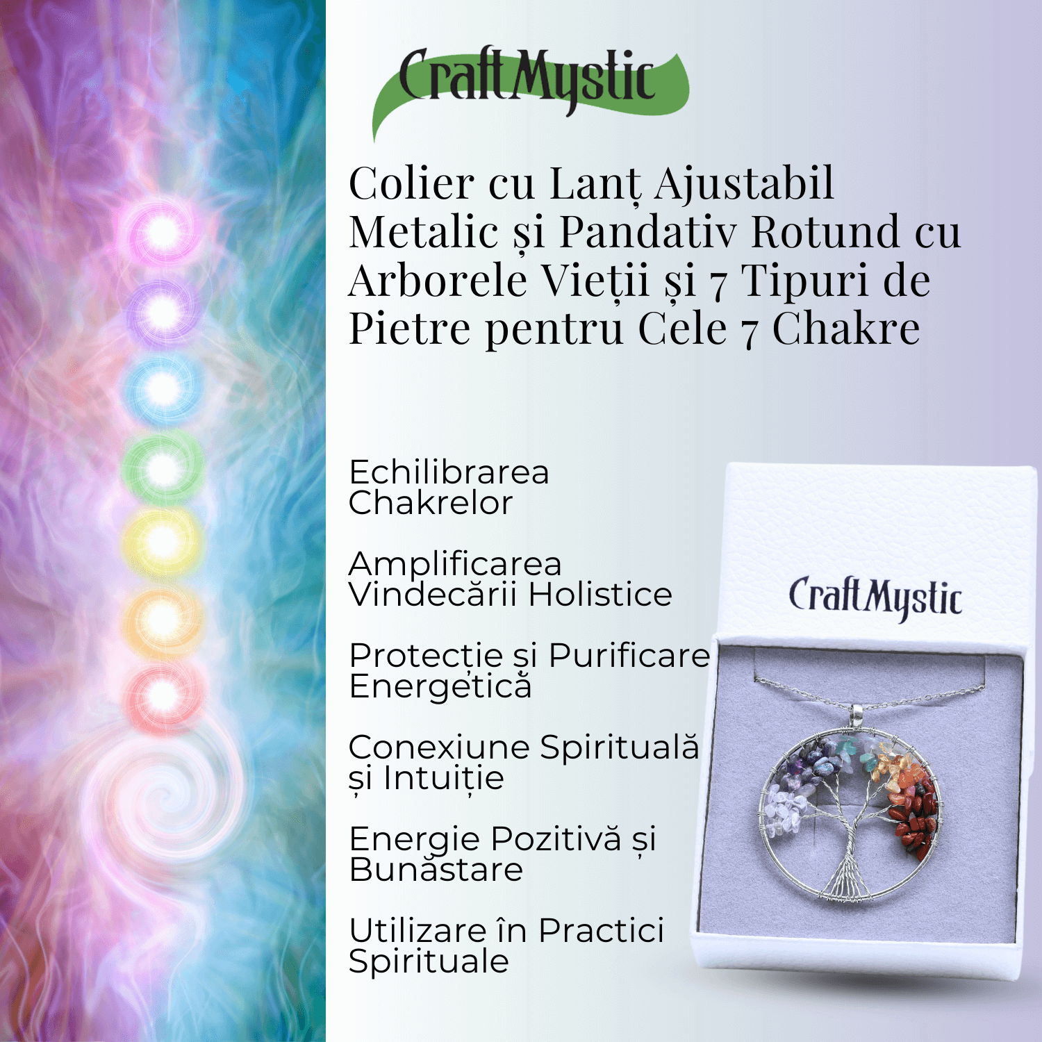 Colier rotund ajustabil cu arborele vietii si pietre pentru chakre