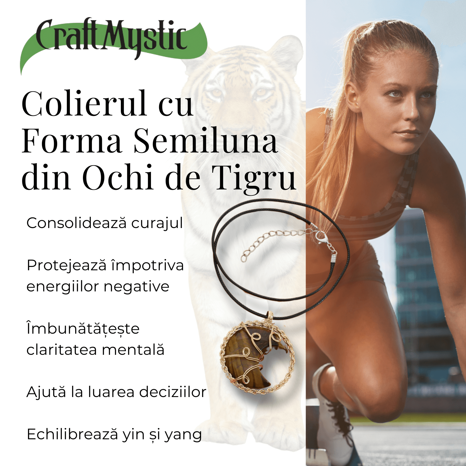 Colier Auriu Elegant in Forma de Semiluna cu Cristal Ochi de Tigru