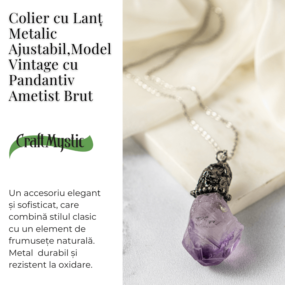 Colier vintage varf Ametist Brut – Claritate Mentala si Protectie