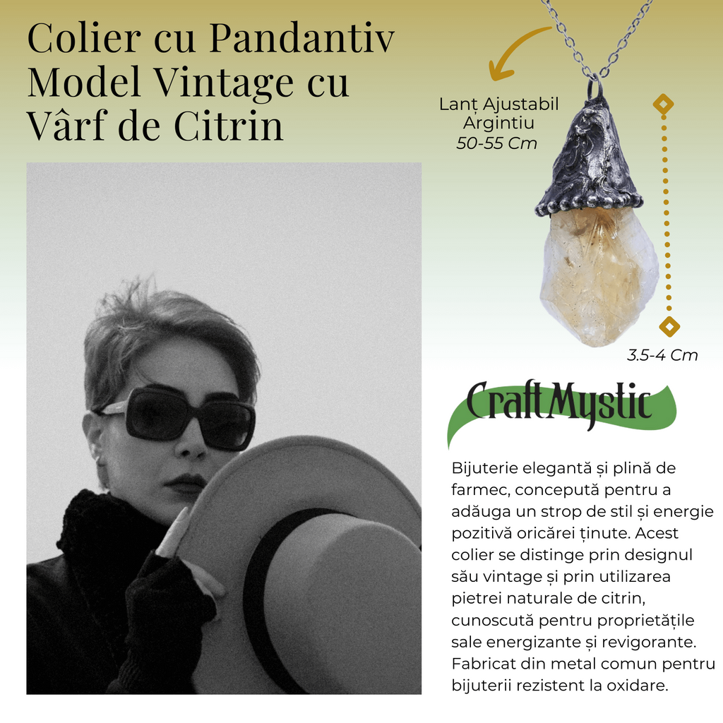 Colier ajustabil vintage cu pandantiv varf de citrin