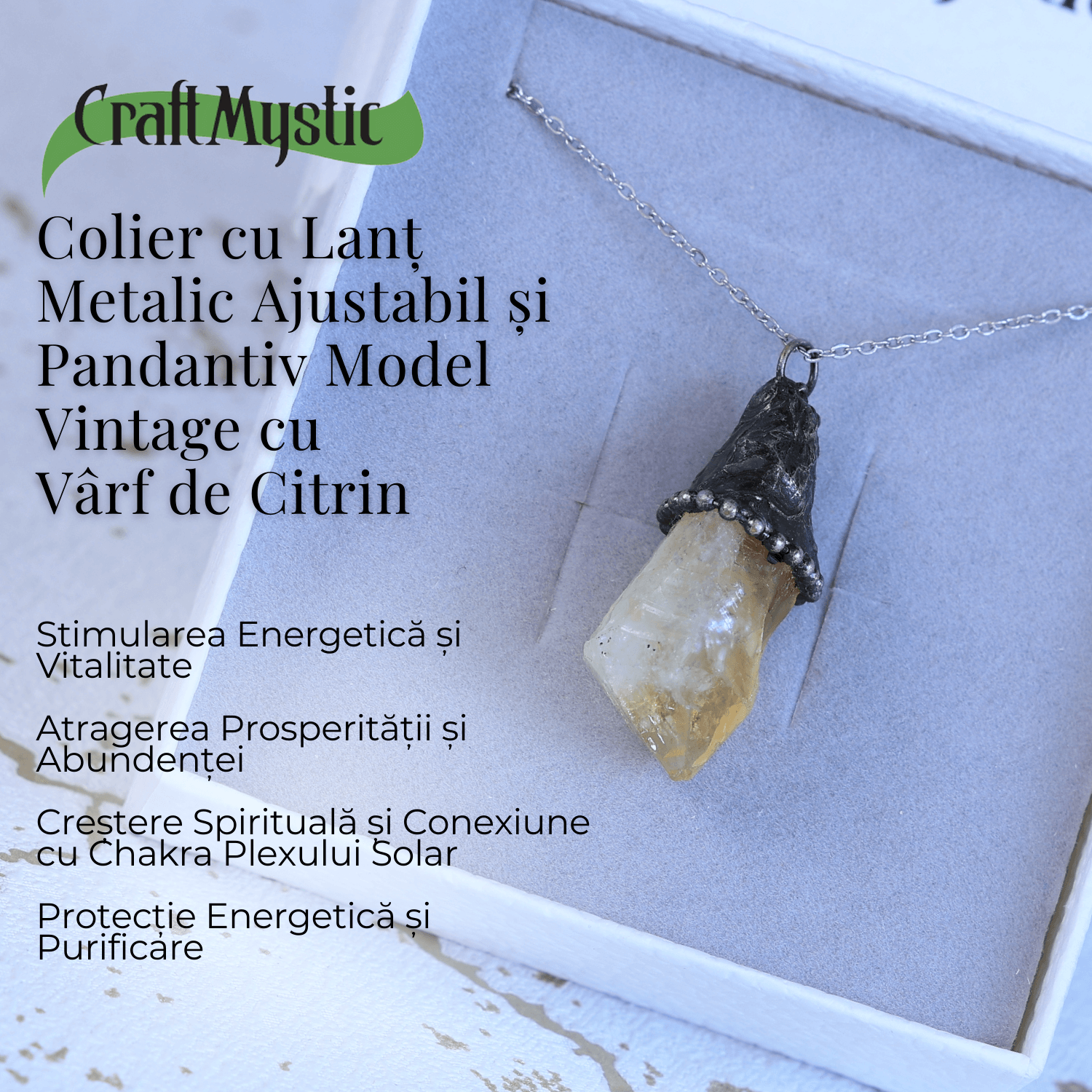 Colier ajustabil vintage cu pandantiv varf de citrin