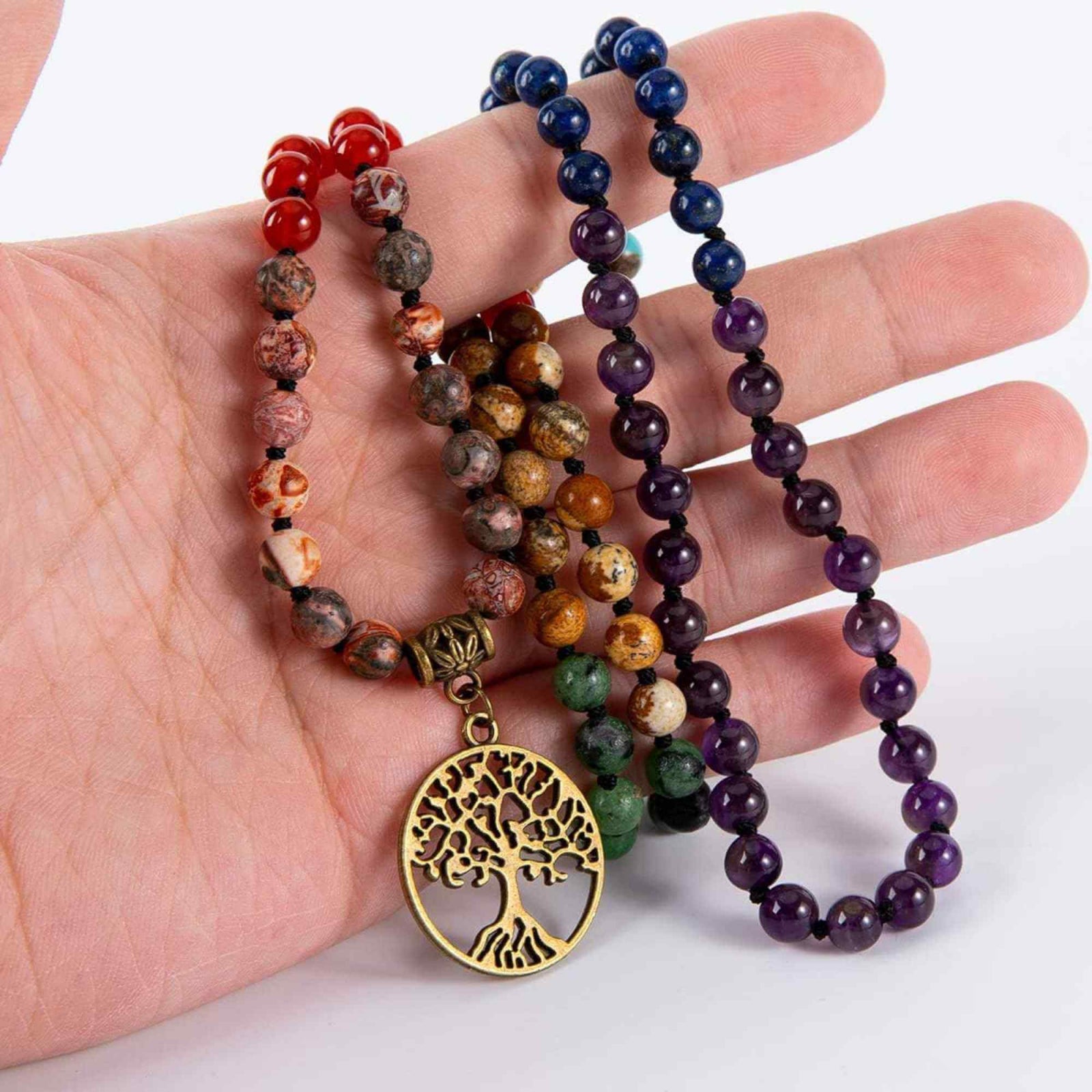 Colier Mala realizat manual cu dubla utilizare si 108 margele naturale semipretioase 7 chakre - Pentru Yoga, Meditatie