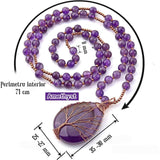 Colier Mala cu pandativ din Ametist natural invelit cu sarma model Arborele vietii si margele 8mm - Cadou pentru mame, iubita
