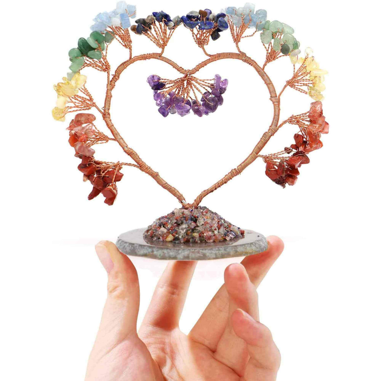 Copac pietre semipretioase 7 chakra in forma de inima – Decor cristal feng shui, accesorii premium pentru birou