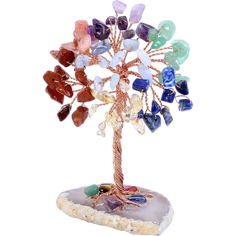 Mini Copacel pietre semipretioase 7 chakra pe felie de agat – decor cristal feng shui, accesorii pentru birou, cristale pentru meditatie