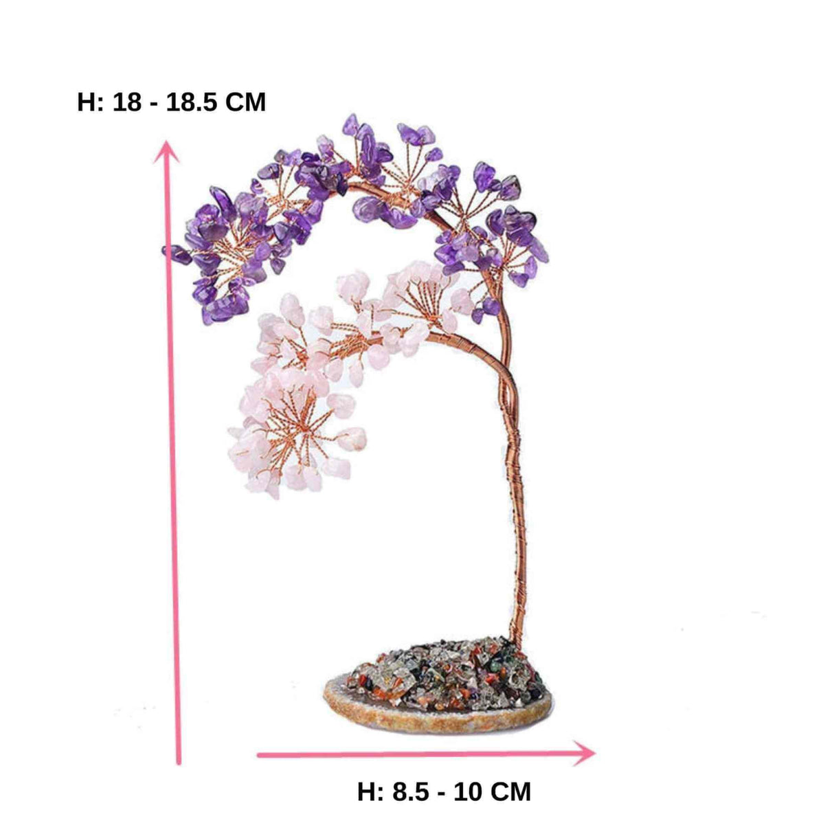 Copac pietre semipretioase ametist si cuart Roz pe felie de agat – Decor cristal feng shui, accesorii pentru birou, cristale pentru meditatie