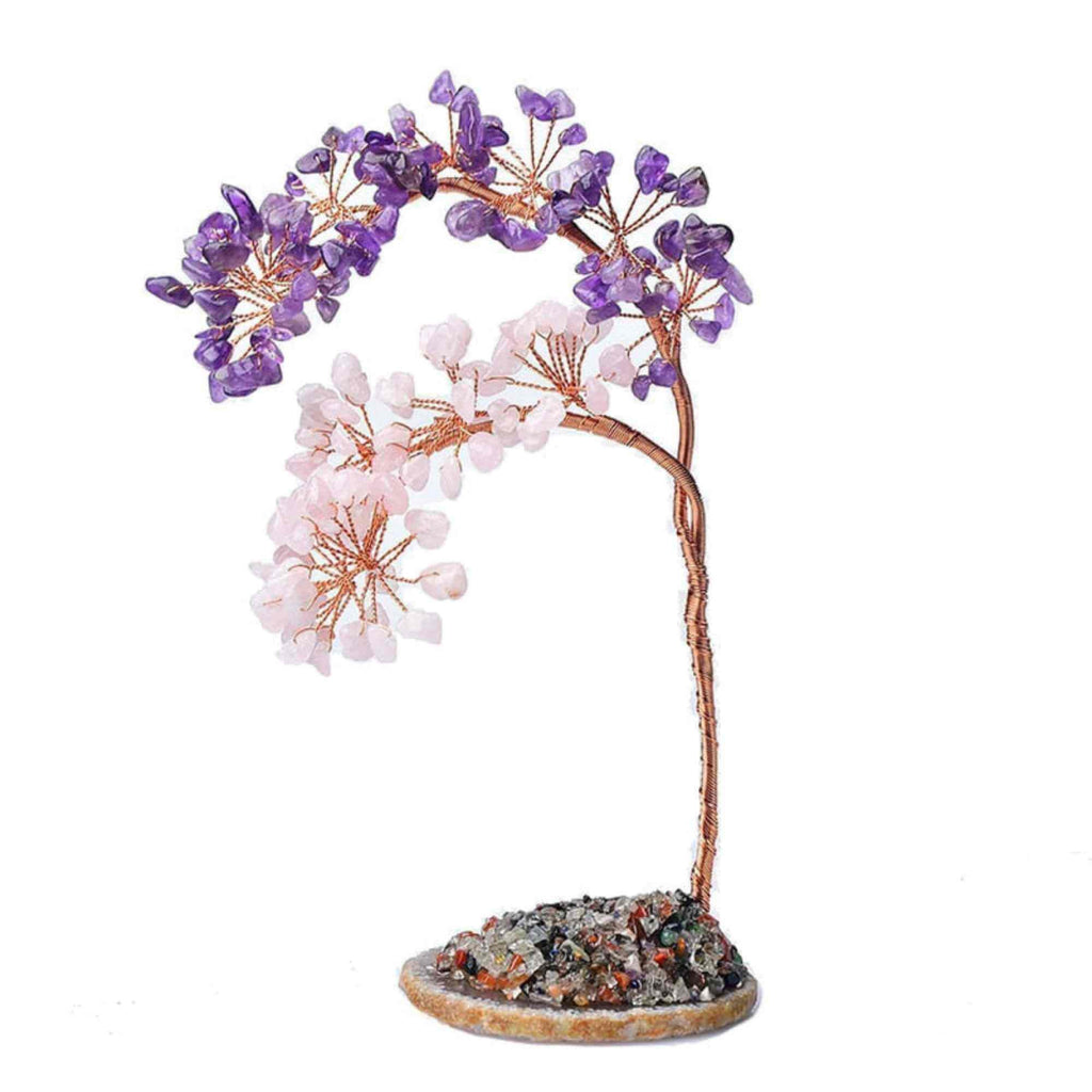 Copac pietre semipretioase ametist si cuart Roz pe felie de agat – Decor cristal feng shui, accesorii pentru birou, cristale pentru meditatie