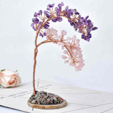 Copac pietre semipretioase ametist si cuart Roz pe felie de agat – Decor cristal feng shui, accesorii pentru birou, cristale pentru meditatie