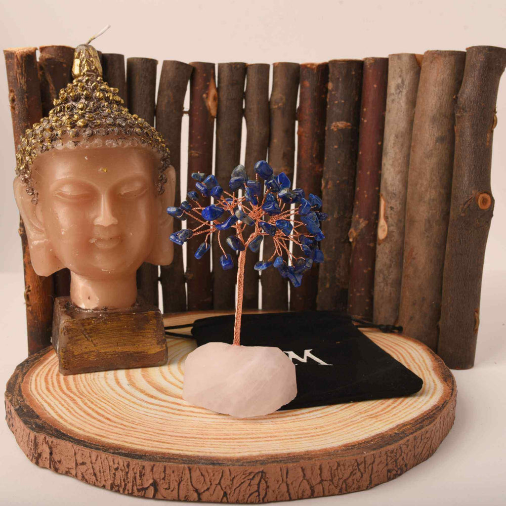 Copacel 10-11 cm din cristale naturale Lapis Lazuli cu baza de Cuart Roz cu 6 ramuri și 54 mini pietre semiprețioase - Armonie si bunastare