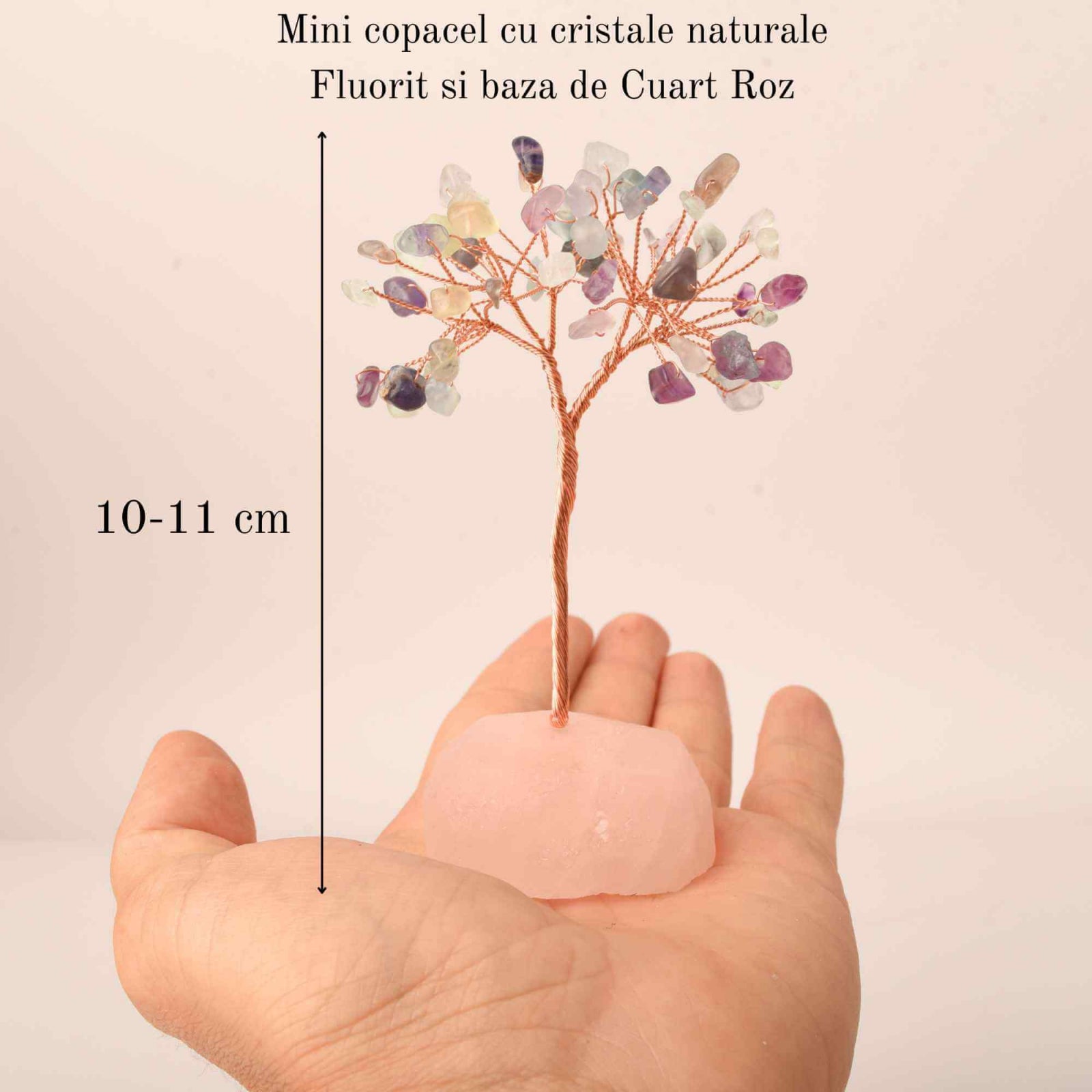Copacel 10-11 cm din cristale naturale Fluorit cu baza de Cuart Roz cu 6 ramuri și 54 mini pietre semiprețioase - Echilibru si armonie