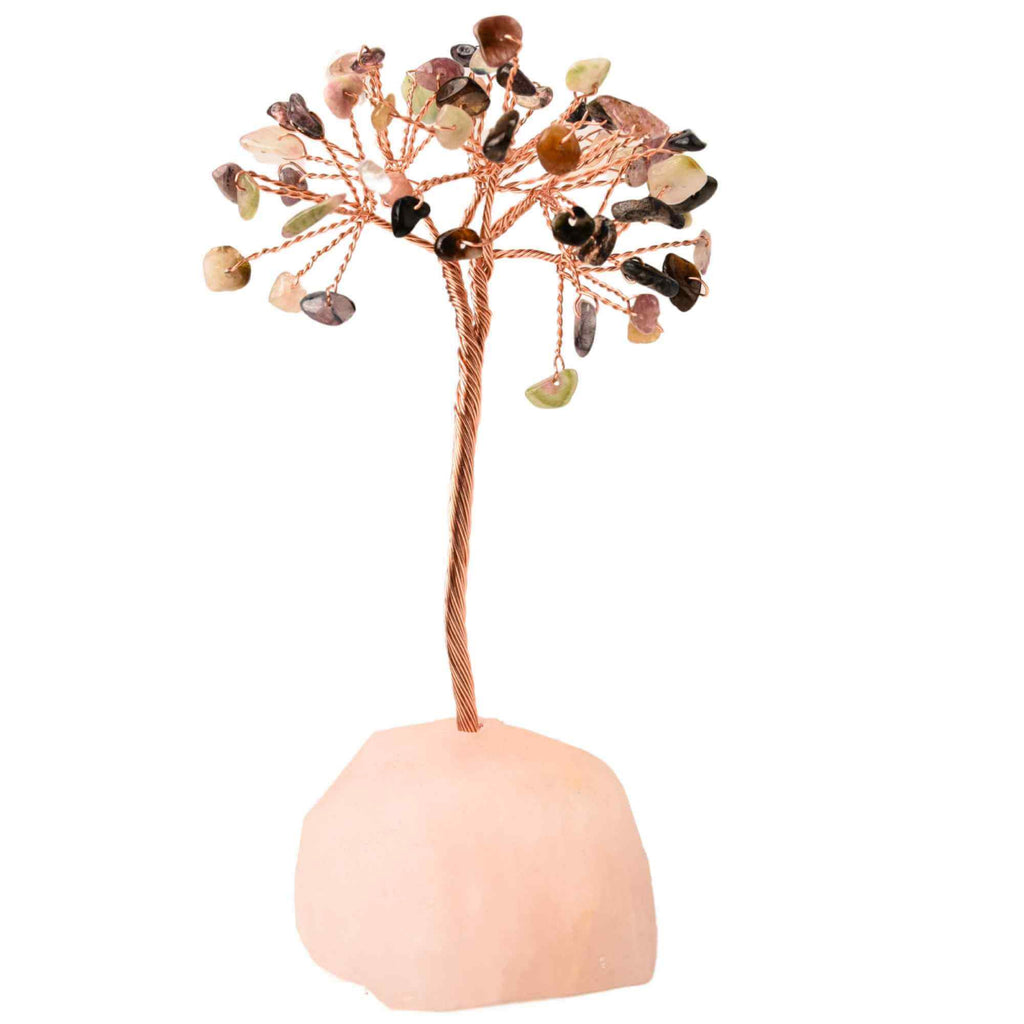 Copacel 10-11 cm din cristale naturale Turmalina colorata cu baza de Cuart Roz cu 6 ramuri și 54 mini pietre semiprețioase - Protectie si iubire