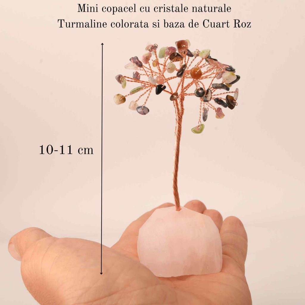 Copacel 10-11 cm din cristale naturale Turmalina colorata cu baza de Cuart Roz cu 6 ramuri și 54 mini pietre semiprețioase - Protectie si iubire