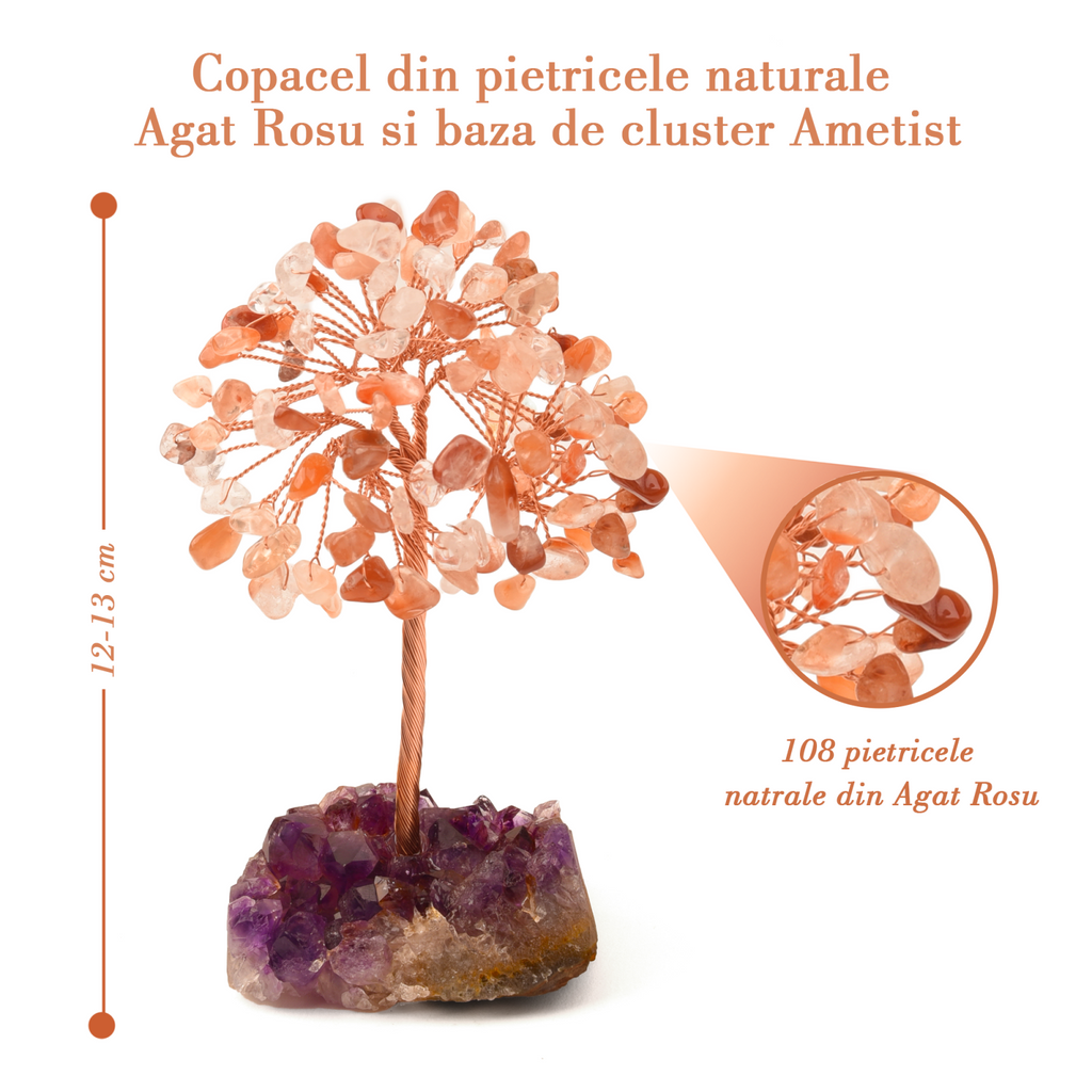 Copacel 12-13 cm cu 108 pietre naturale semipretioase Agat Rosu pe baza de Ametist cluster