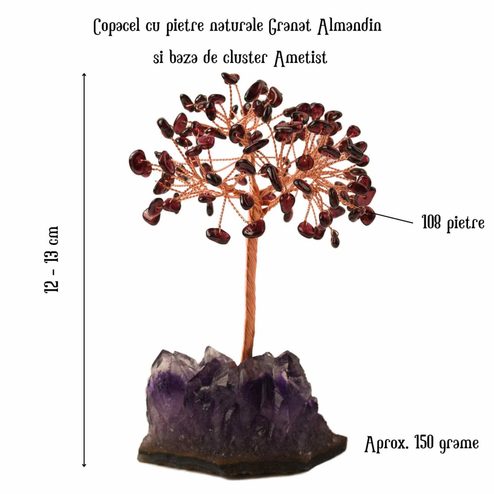 Copacel 12-13 cm cu 108 pietre naturale semipretioase Granat Almandin pe baza de Ametist cluster - Sprijina echilibrul emotional, stimuleaza pasiunea si energizeaza viata ta