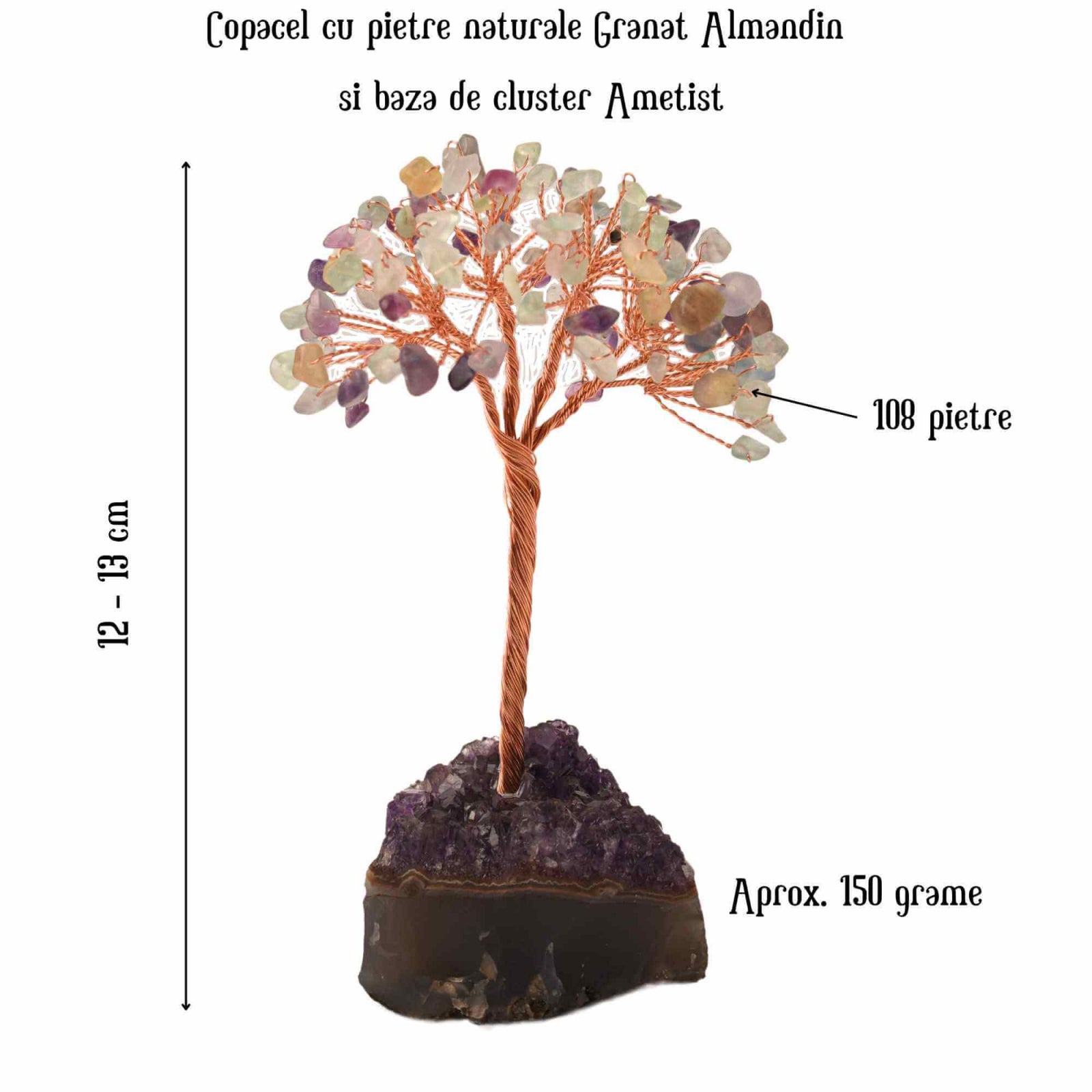 Copacel 12-13 cm cu 108 pietre naturale semipretioase Fluorit pe baza de Ametist cluster - Sprijina calmitatea, concentrarea si cresterea intuitiei