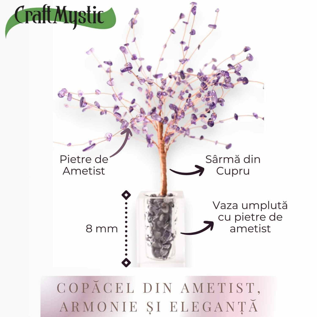 Copacel tip vaza cu pietre naturale de ametist si umplutura de pietre naturale de ametist