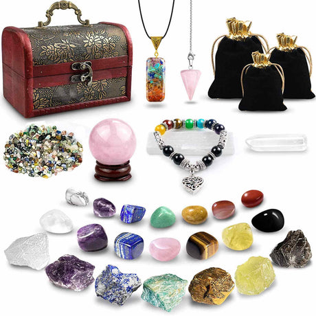 Set 28 piese cu cristale vindecatoare naturale - Contine 14 cristale naturale polisate si 7 pietre brute, sfera, pendul, selenit, bratara, colier, cristal stanca, pietre sparte