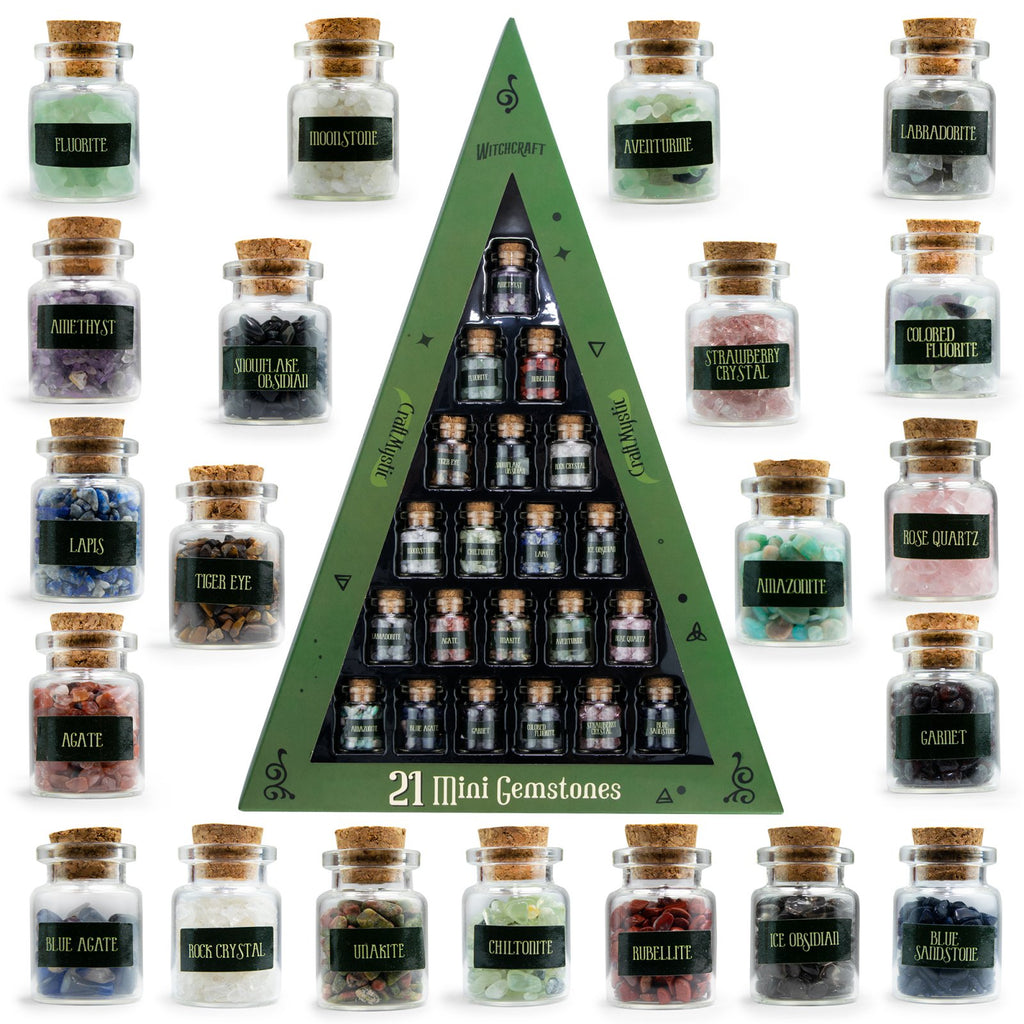 Set 21 Sticlute cu Mini Cristale si Pietre Semipretioase pentru Ritualuri Magice