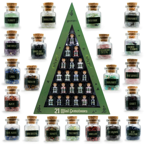 Set 21 Sticlute cu Mini Cristale si Pietre Semipretioase pentru Ritualuri Magice